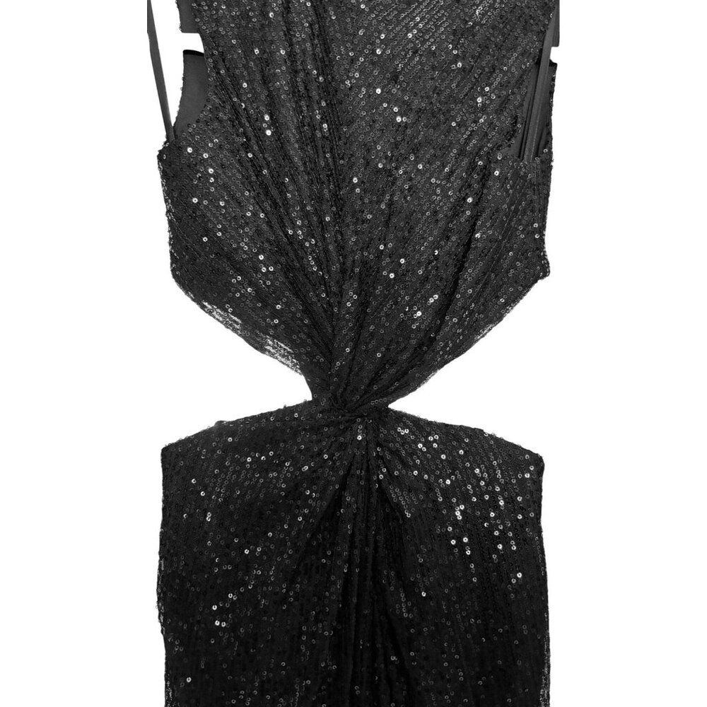 Mac Duggal Sequin Front Twist Cut Out Midi Sheath Dress Black Size 0 New W Tag - Picture 6 of 16